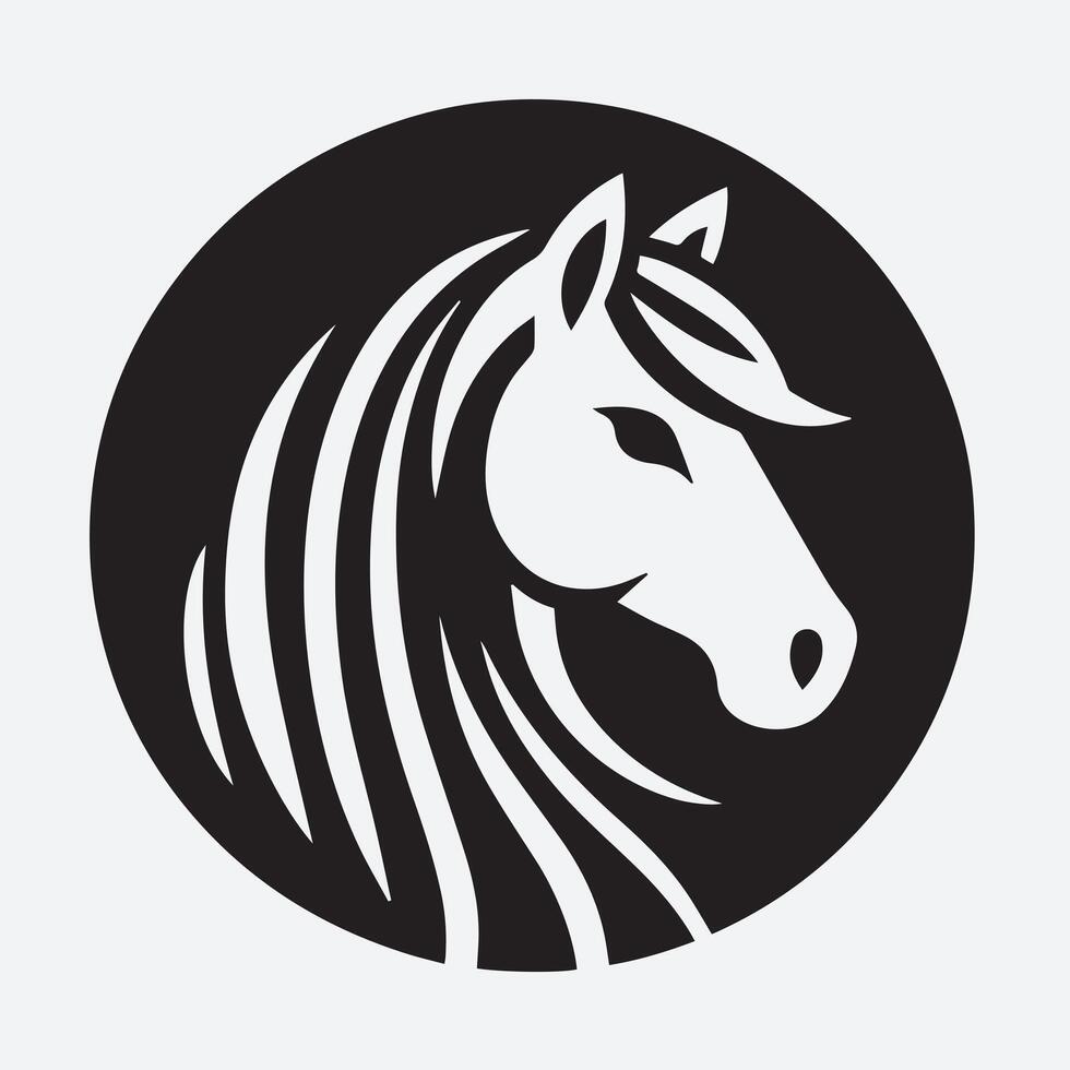 A stylized, black and white silhouette of a horse's head and mane in a circular design. vector