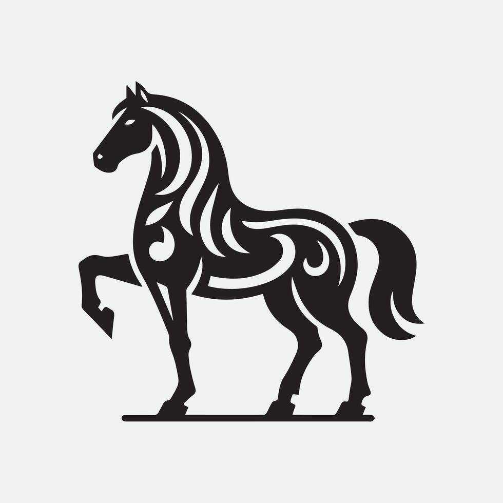 A strong, stylized black silhouette of a horse with flowing mane and tail, standing on undulating field lines. vector