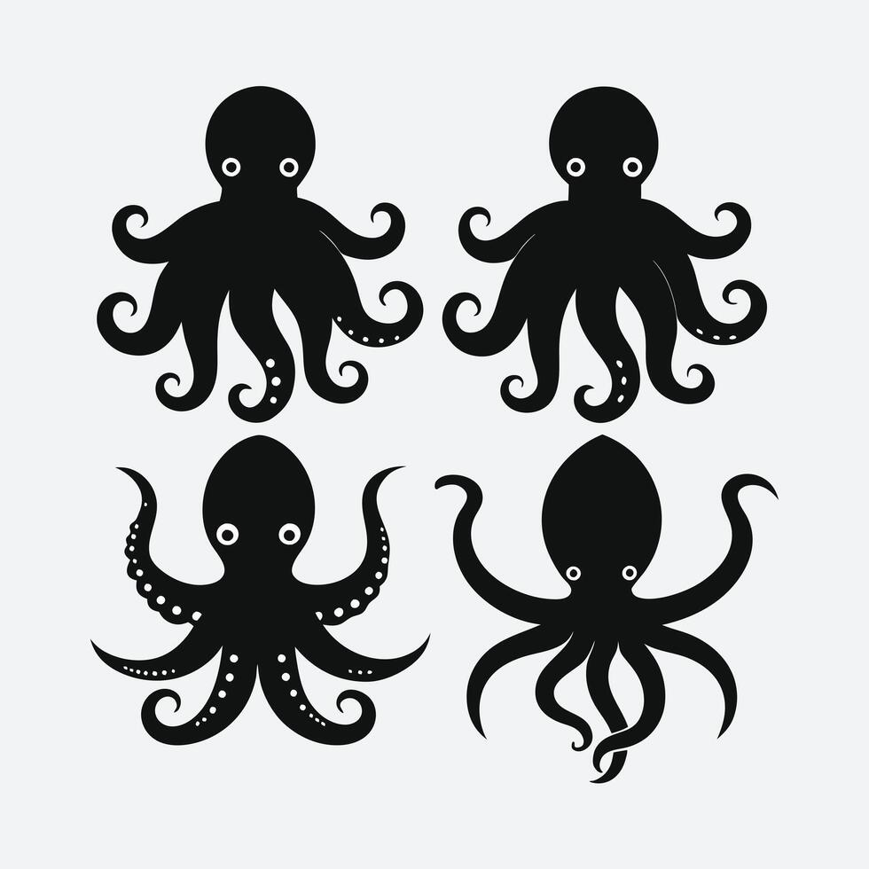 Simple, stylized black silhouette icons of four octopuses. vector
