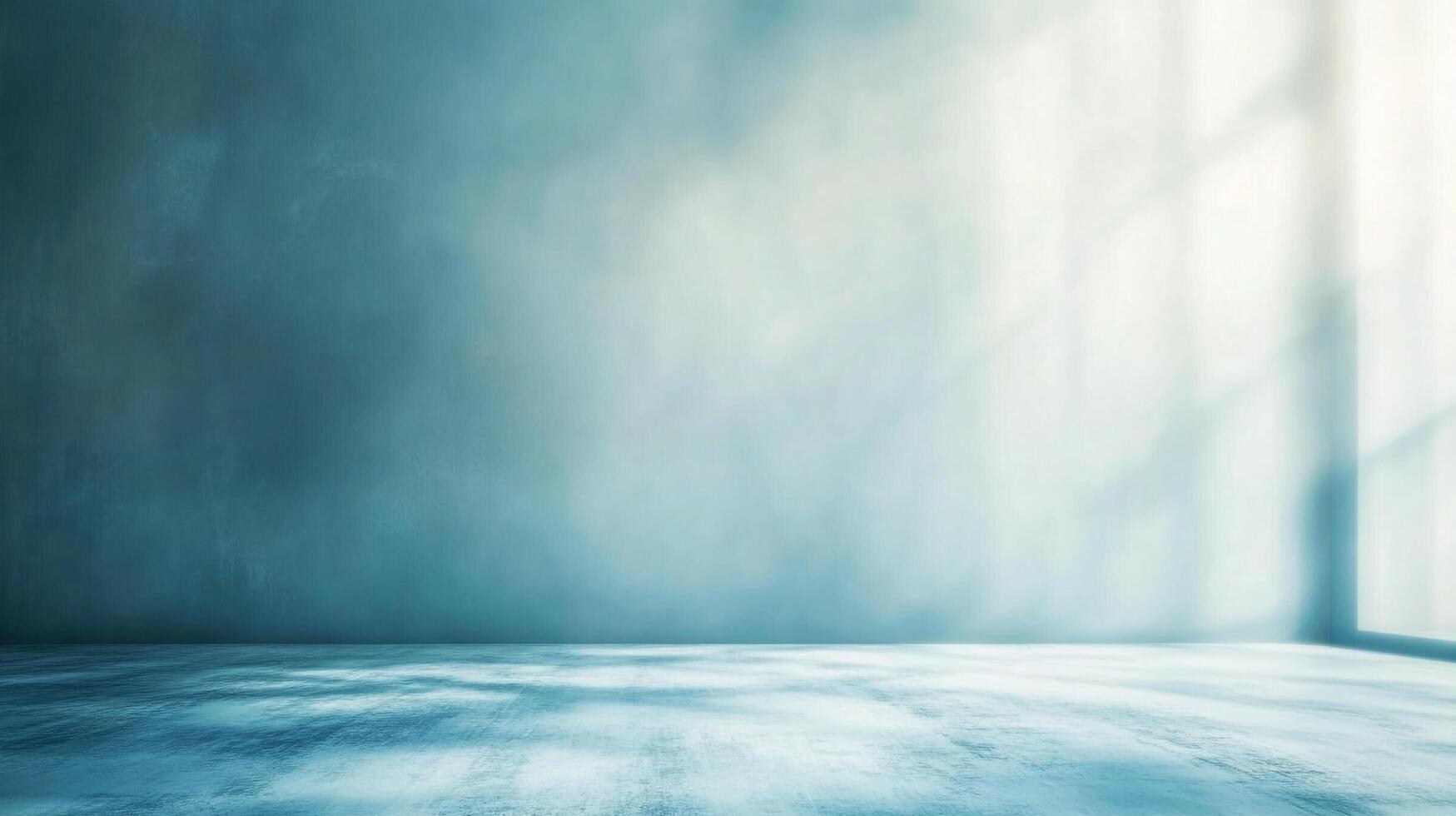 Empty blue room with textured wall and light streaming from the window, creating an ethereal and serene atmosphere indoors. photo