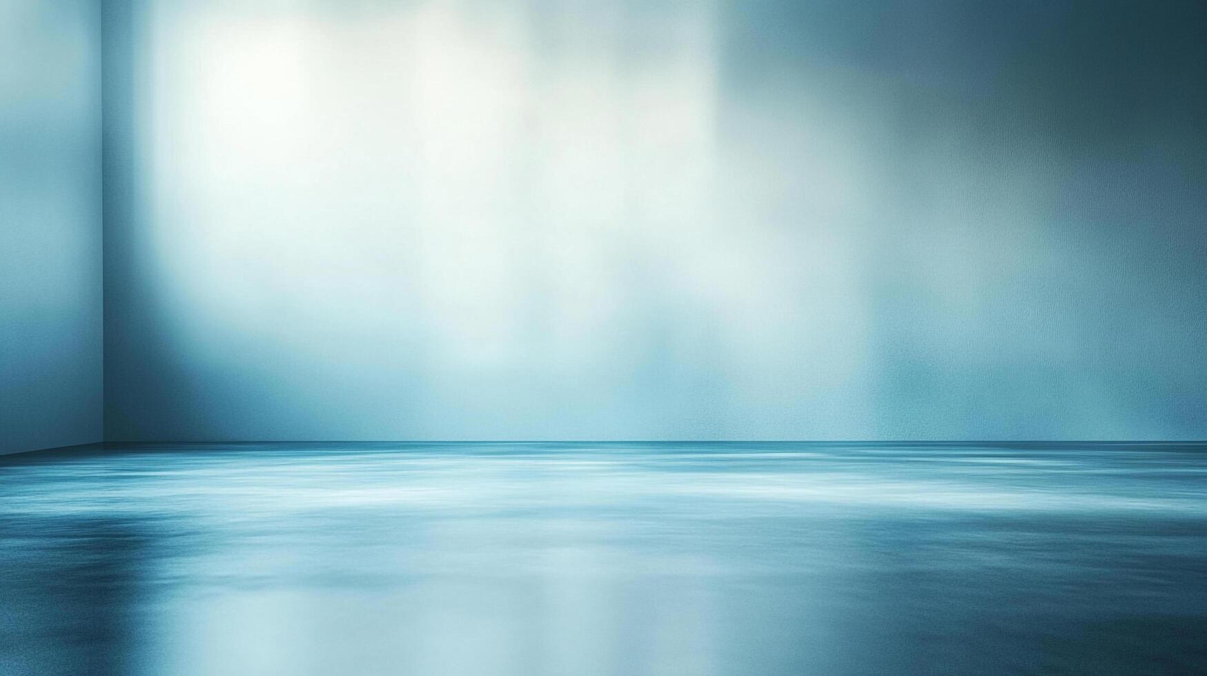 Abstract blue room illuminated by light. Clean wall and glossy floor create an ethereal and minimalistic ambience. Tranquil and spacious. photo