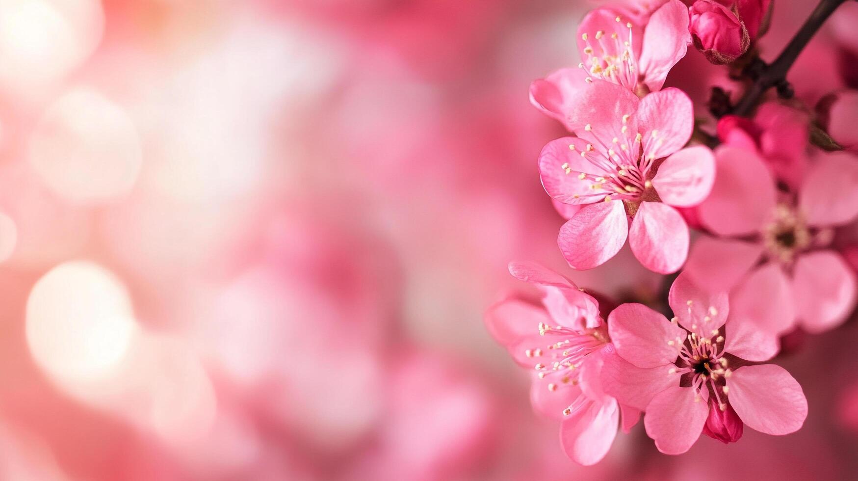 Delicate pink blossoms dance on a branch, painting a dreamy spring scene. Soft light enhances their fragile beauty in a serene display. photo