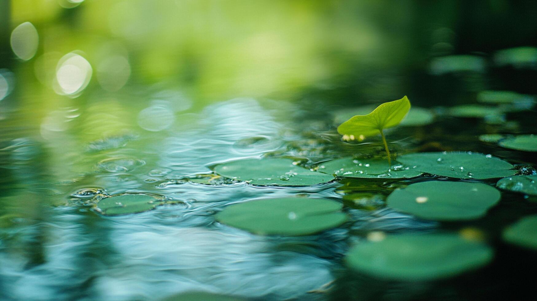 A serene pond dotted with lily pads, showcasing nature's tranquil beauty in a vibrant, green-toned aquatic environment. photo