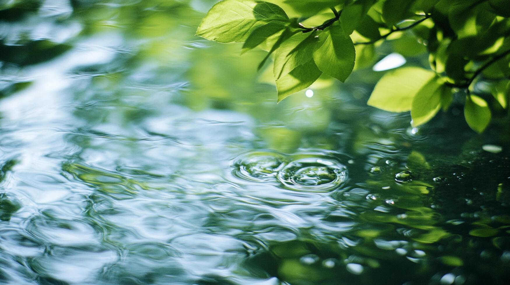 Raindrops on the water create ripples. Tree leaves reflecting on the water. Abstract nature scene of tranquility and beauty. photo