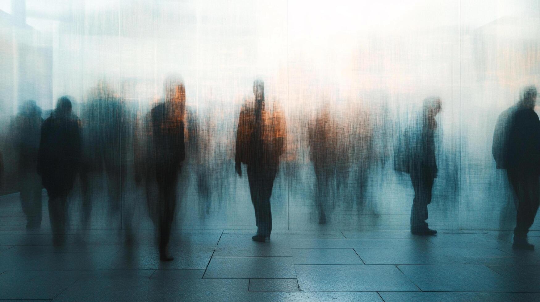 Motion blur abstract of city pedestrians, suggesting urban life, anonymity, and the fast pace of modern society. Blue and white tones. photo