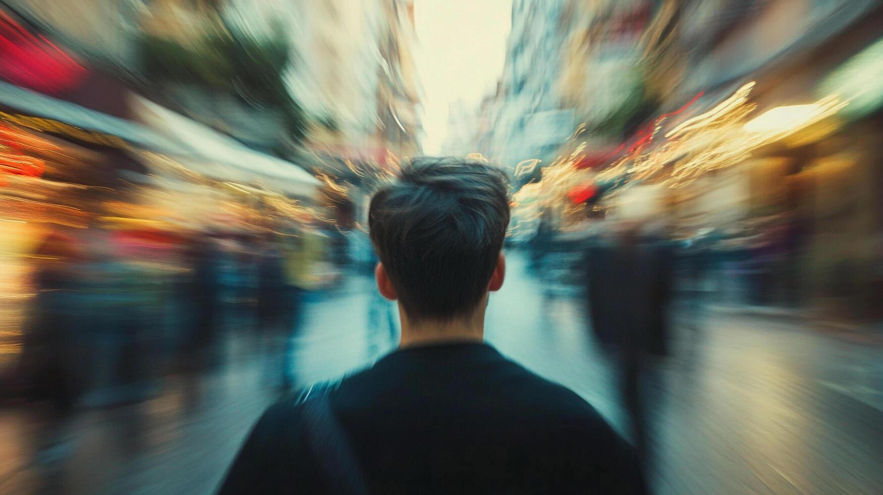 Person's back walking through city street with motion blur captures sense of speed and anonymity among many pedestrians, colorful lighting photo