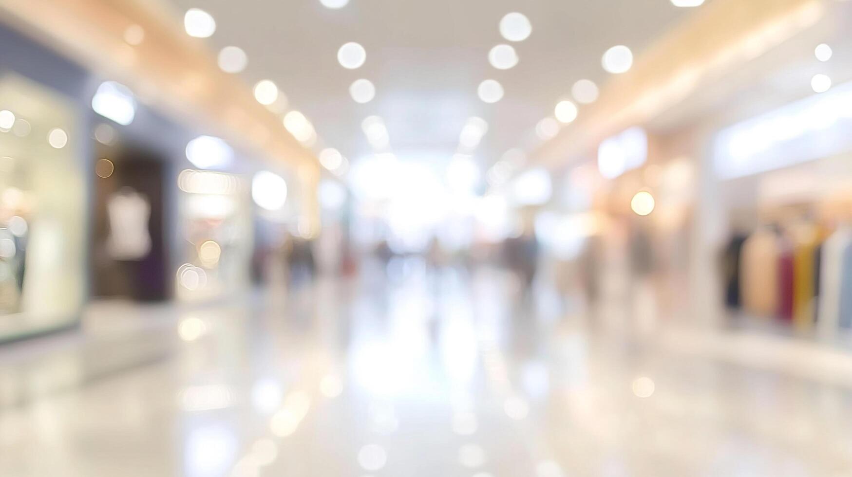 Blurred motion of shoppers in a brightly lit mall. Focus on the lights creates a feeling of bustling commerce and a contemporary aesthetic. photo