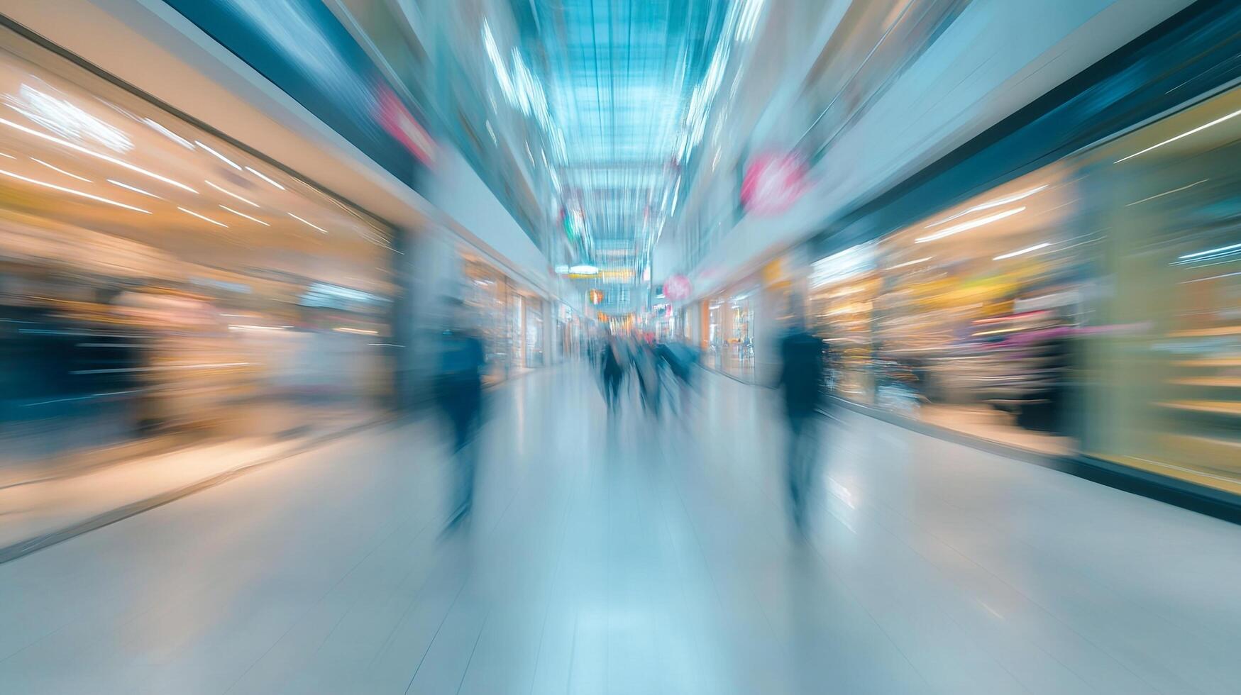 Motion blurred shot of people walking inside a mall. Bright and busy shopping environment, conveying a sense of movement and speed. photo