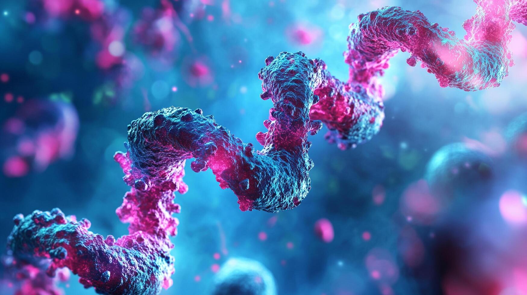 Detailed illustration of a spiraling structure in vibrant shades of pink and blue against a gradient background filled with bokeh effects. photo