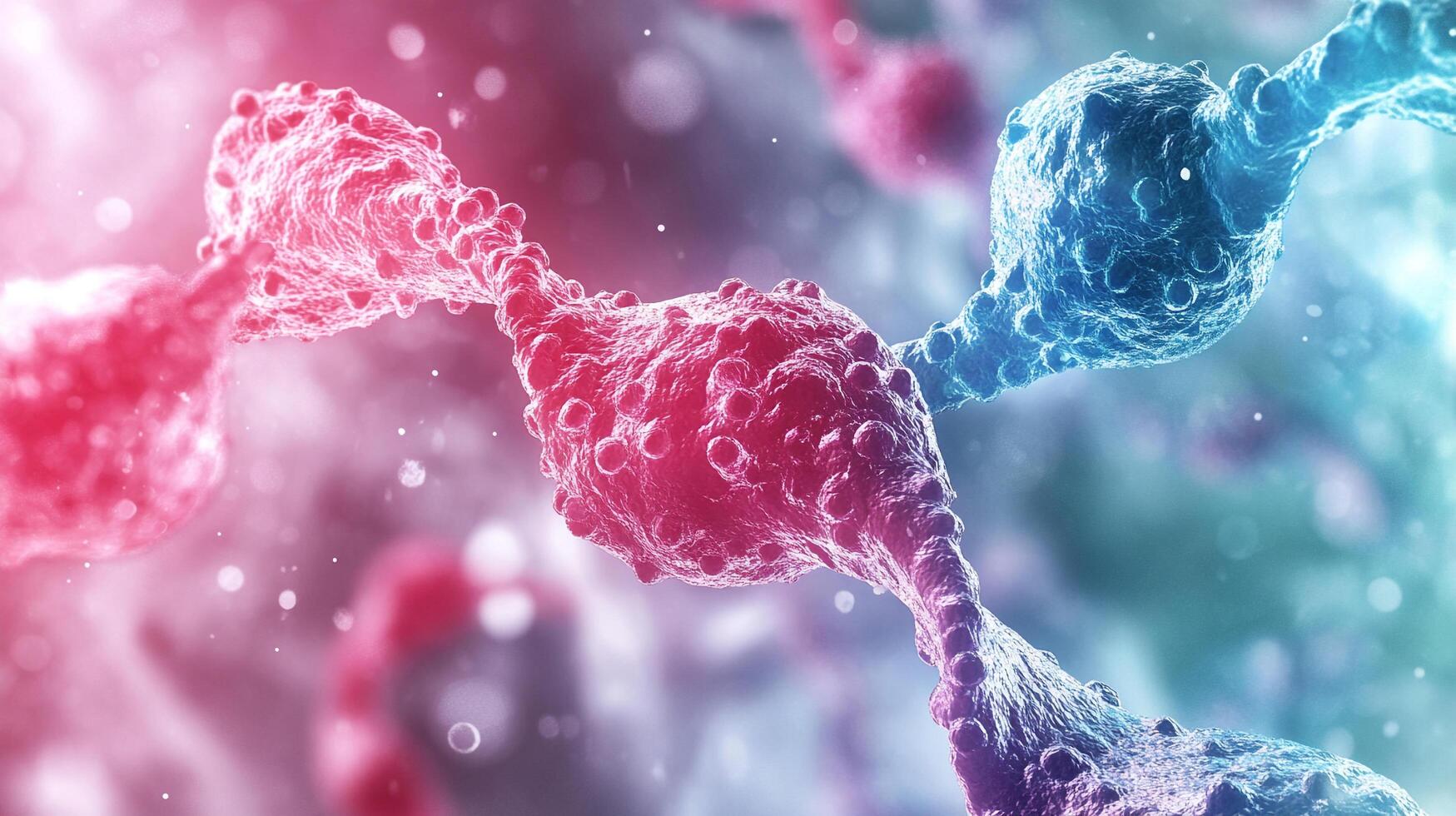 Abstract rendering of a molecular structure, with vibrant red and blue hues highlighting its complex, textured form in close-up. photo