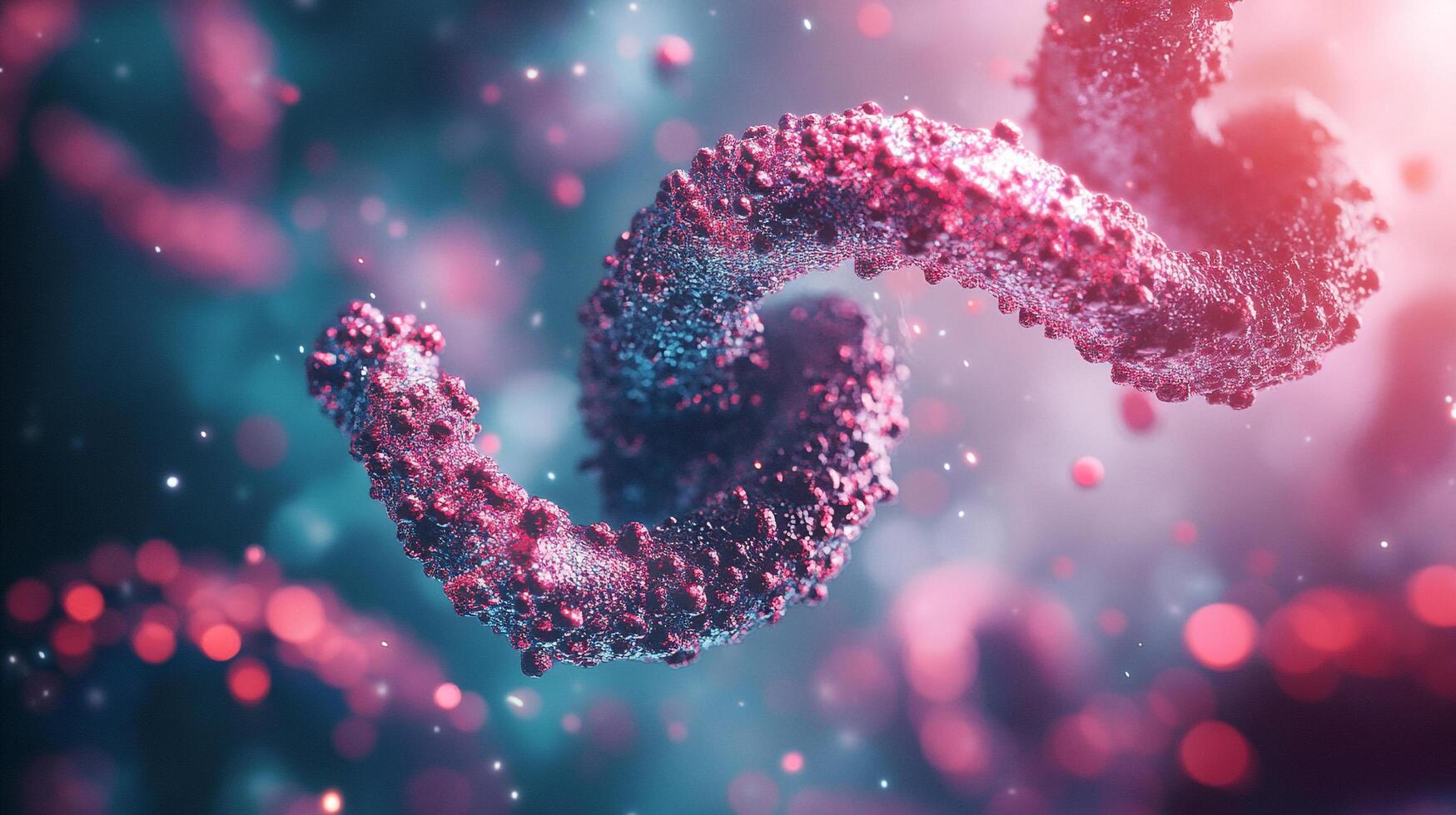 Detailed visualization of genetic code. A red spiral strand stands out with its intricate structure against a blue background. photo