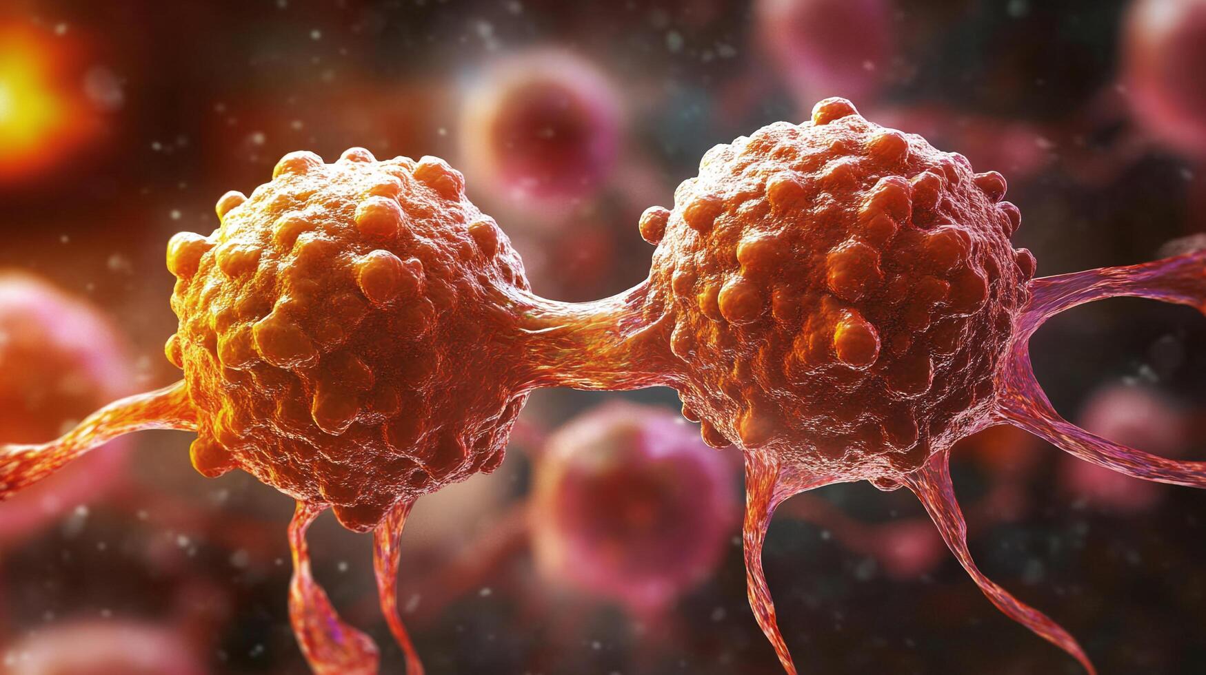 Dividing cells, orange with tentacles and texture, dividing into more cells in a orange, red, and black background. photo