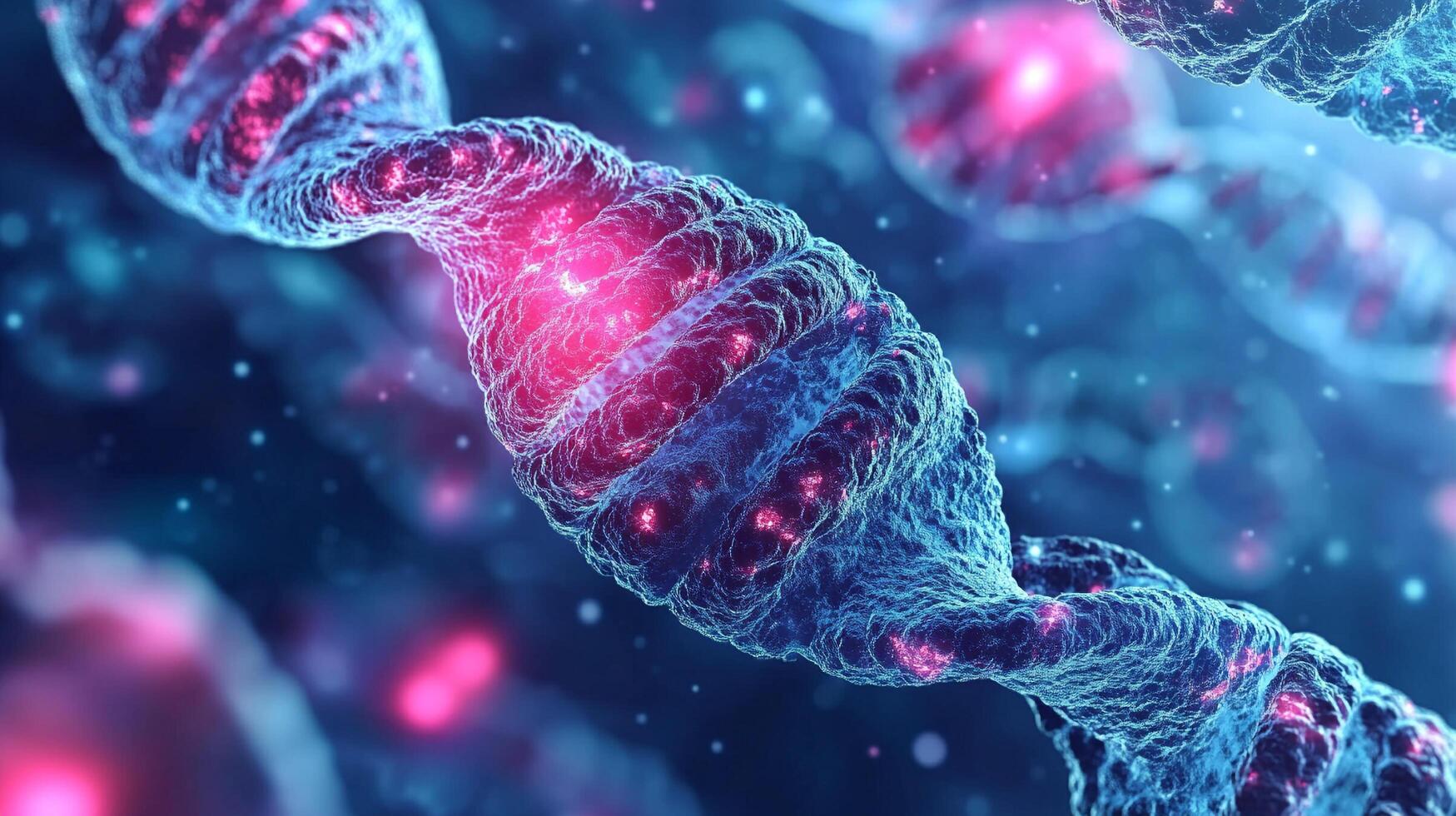 A vividly rendered DNA strand twisting against a gradient of blue, punctuated by vibrant bursts of magenta light showcasing molecular complexity. photo