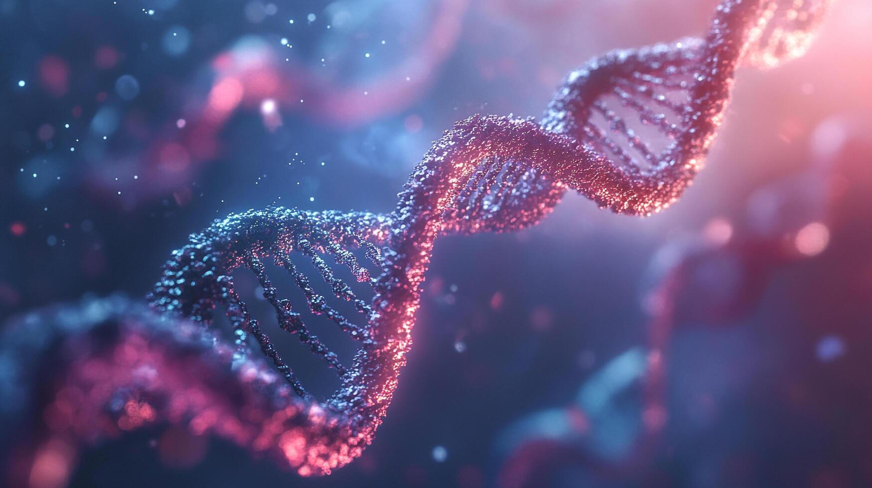 Digital rendering of a glowing, intricate DNA double helix against a blurred background, representing genetics and biotechnology. photo
