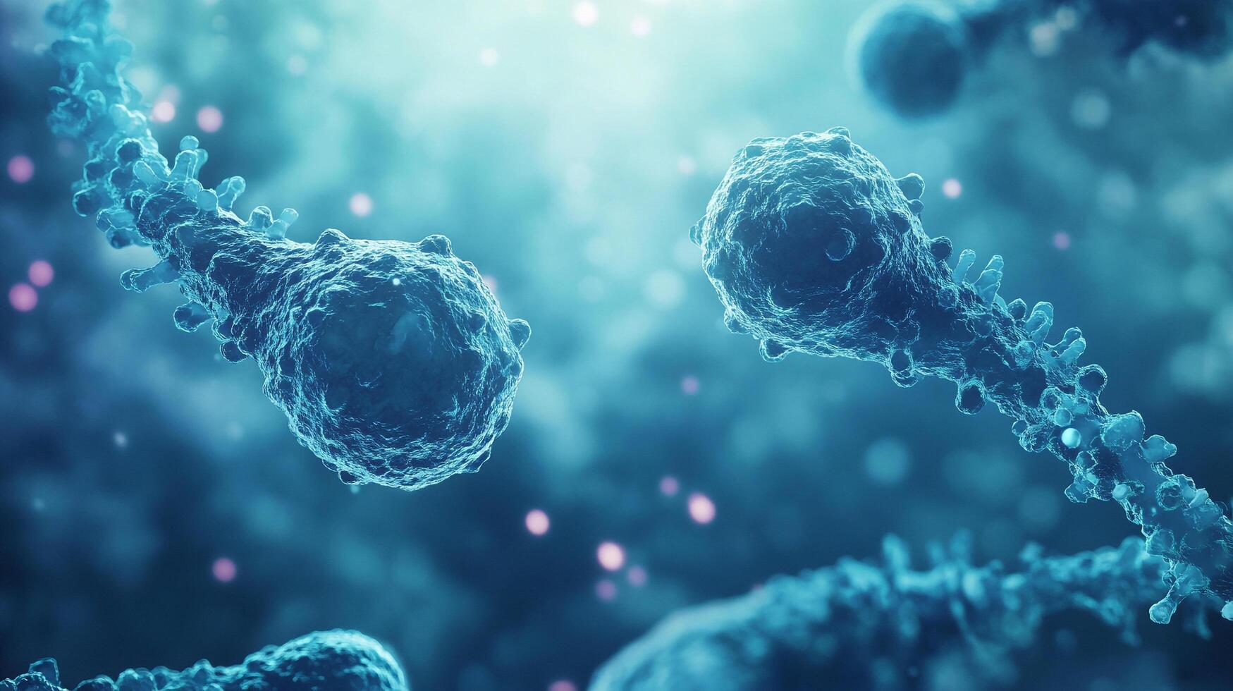Detailed view of pathogenic bacteria or viruses. Microscopic organisms under scientific examination, in blue with pink highlights. photo