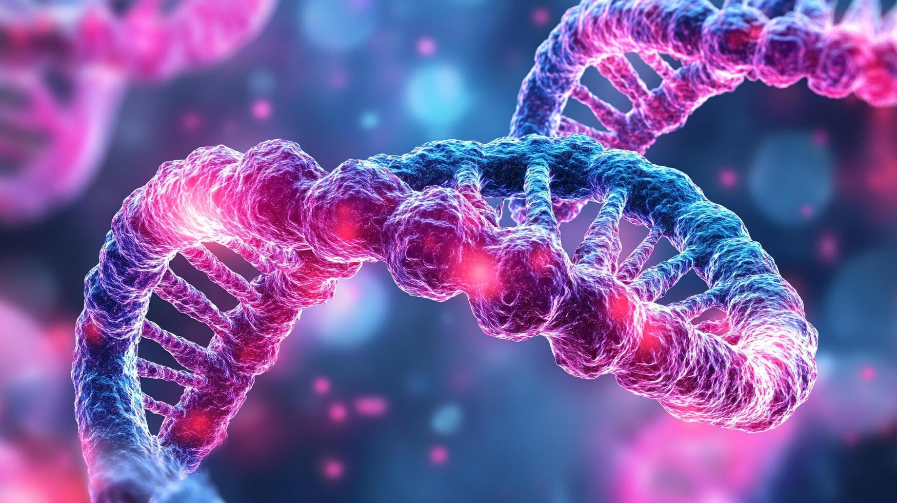 Abstract DNA structure. Detailed artistic rendering of a biological molecule. Pink, purple, and blue tones. photo
