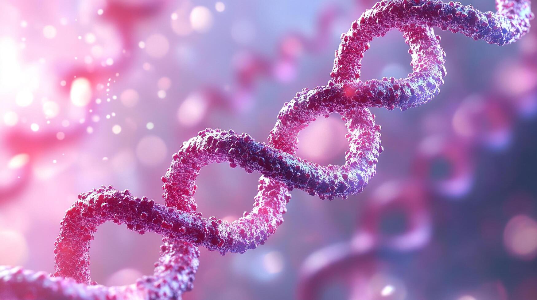 Close-up of a DNA strand, highlighting the double helix structure against a blurred pink and blue background. Concept of genetics. photo
