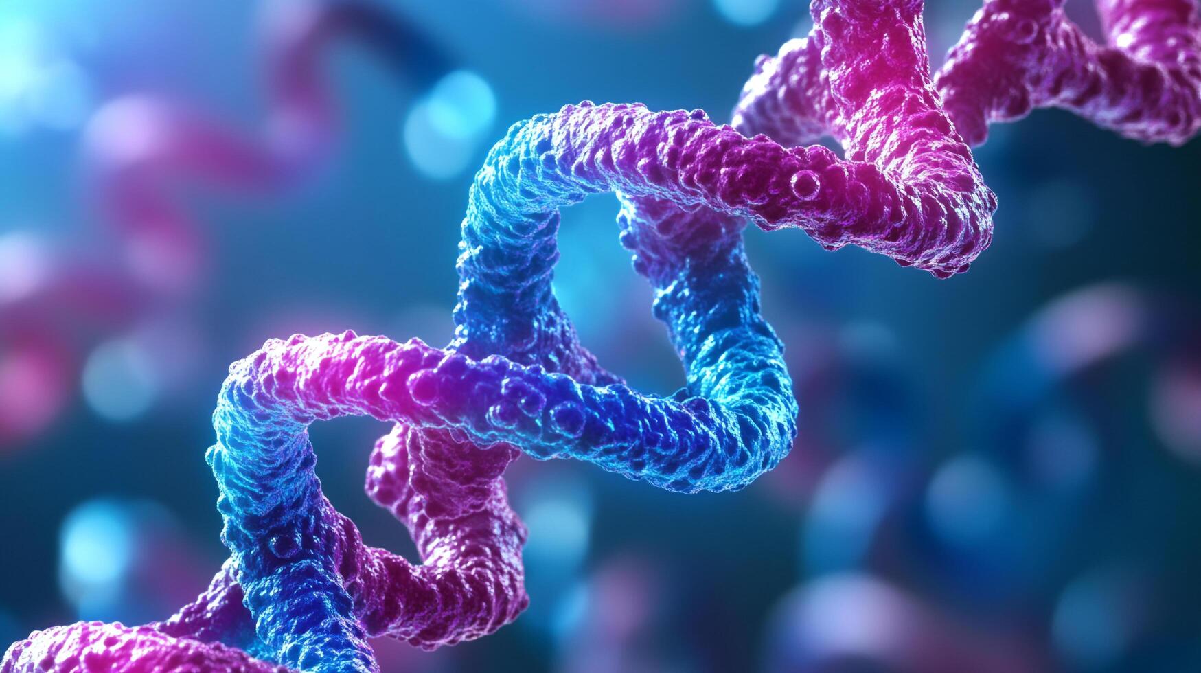 Abstract render of a deoxyribonucleic acid helix. The molecule has pink and blue coloring, and a blurry blue background. photo