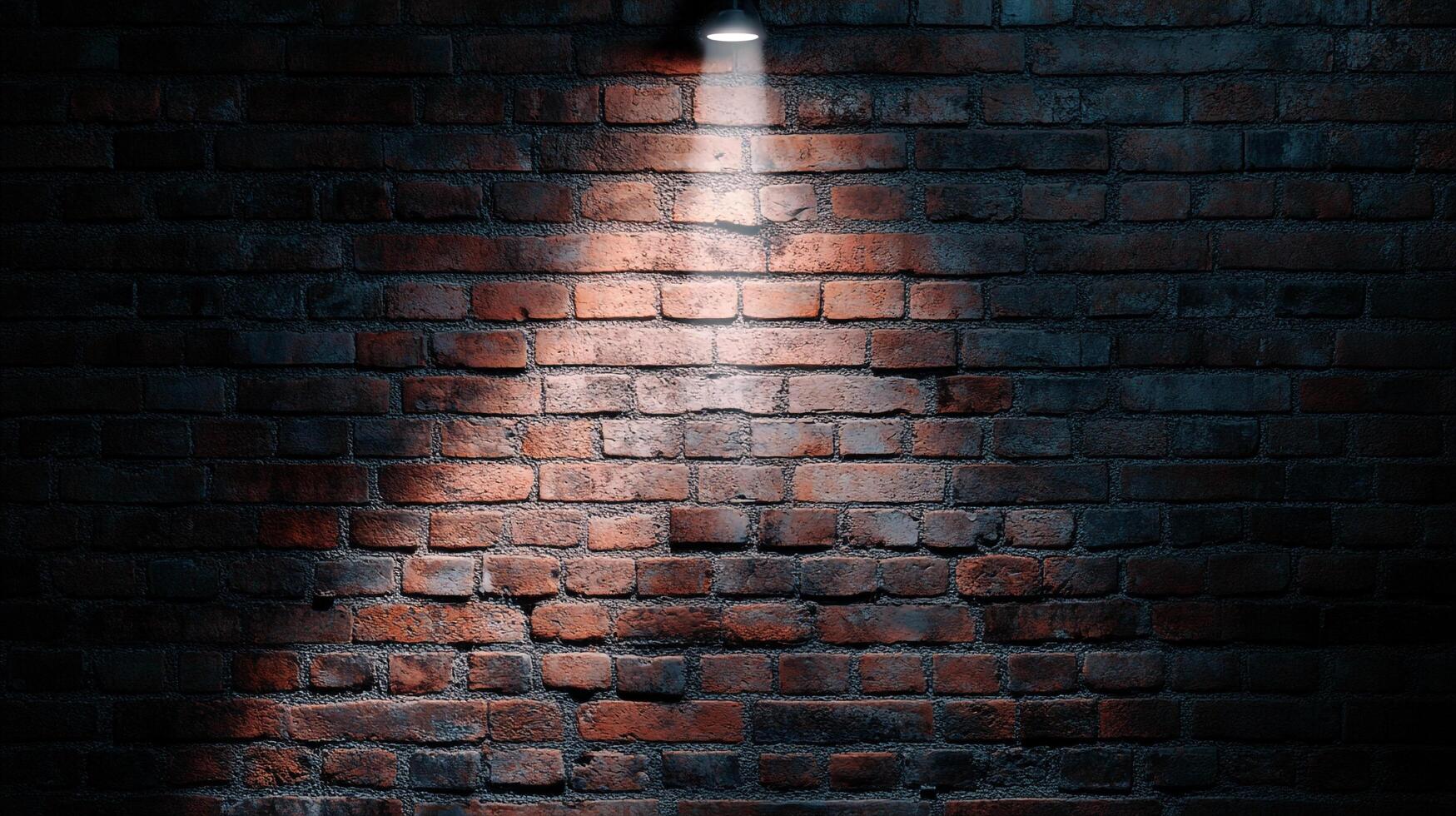 Illuminated brick wall creates texture and contrast with a single light source, perfect for a background or overlay design. photo