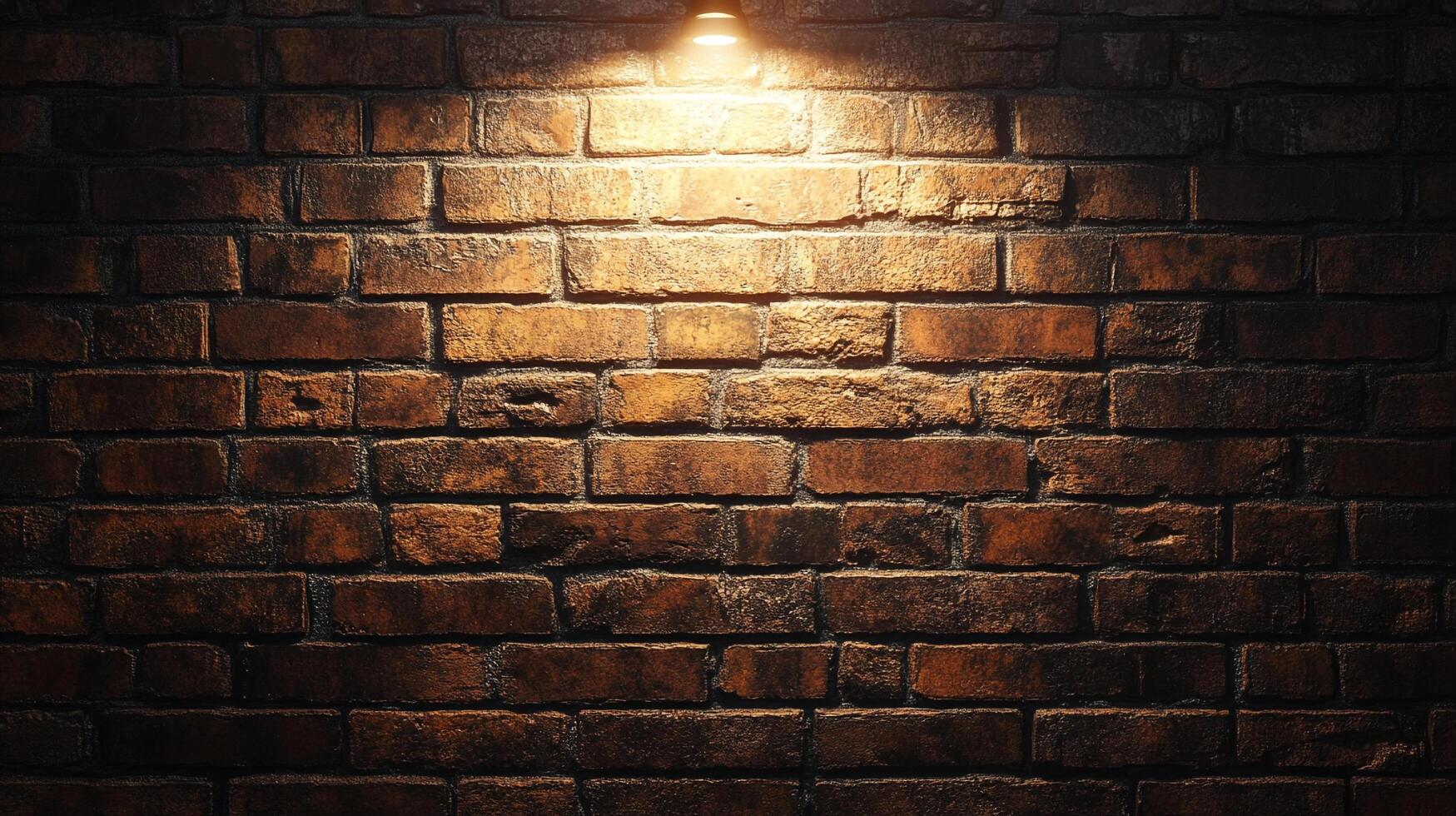 A textured brick wall is illuminated by a warm, focused light source, casting shadows and highlighting the rough surface of the bricks. photo