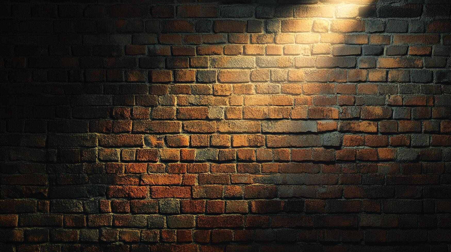 Rustic brick wall backdrop featuring texture, tonal variation, and a dramatic spotlight illuminating the surface and casting shadows. photo