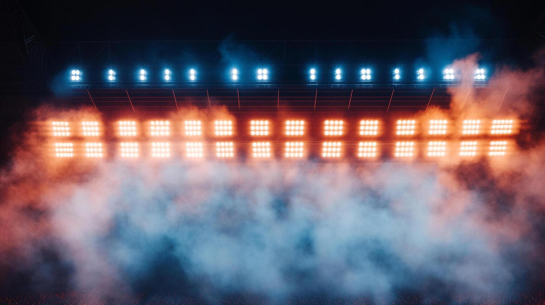 Illuminated arena with vibrant stadium lights bathing the scene in a vivid mix of orange and blue hues, amidst a haze of smoke. photo