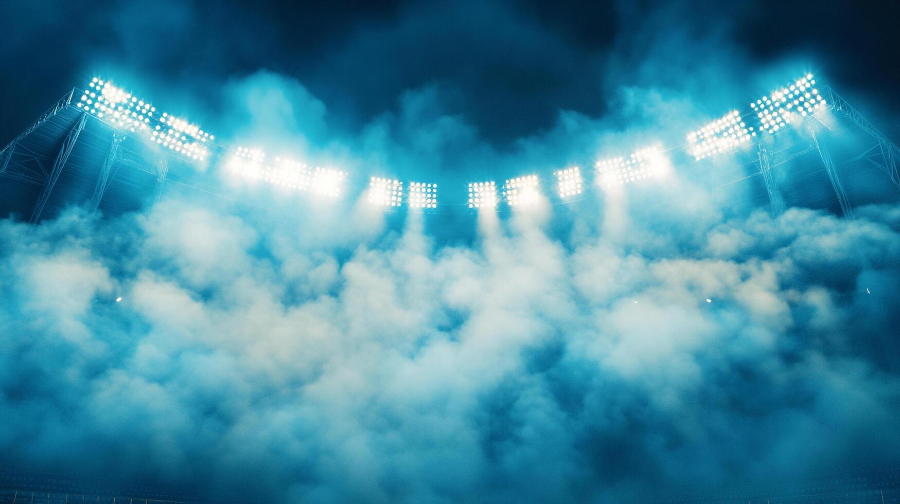 Nighttime lights illuminate a venue with a hazy blue ambiance, obscured by a sea of light smoke. The scene is mysterious and grand. photo