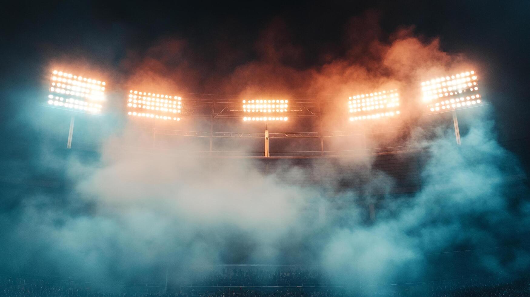 Night stadium lights blaze through a haze, illuminating the scene with vibrant colors in a moment of anticipation and excitement. photo