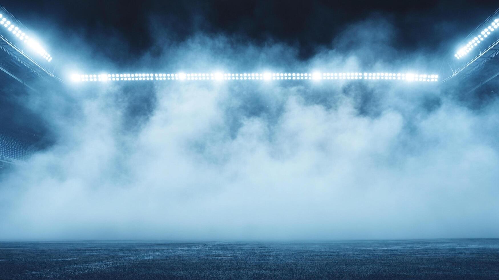 An atmospheric stadium view showcases a dense fog illuminated by bright lights, creating an ethereal and dramatic scene. photo