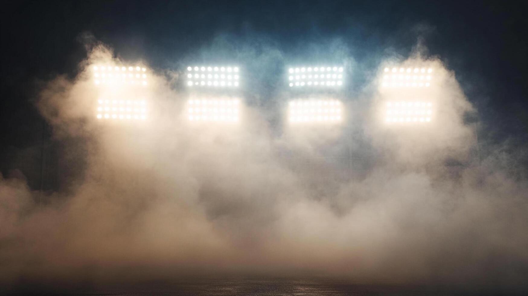 Eerie scene with powerful stadium lights cutting through thick fog, creating a mystical and cinematic atmosphere. Dramatic lighting. Dark background. photo