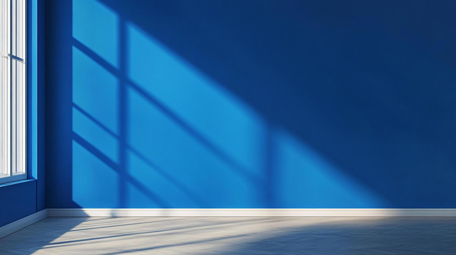 Bright blue wall interior with sunlight casting window shadows across the room, creating a pattern on the wall and floor, modern and minimalist. photo