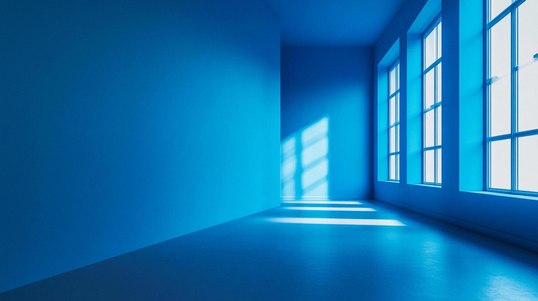 A serene space bathed in monochromatic blue, where sunlight streams through windows, creating a sense of calmness and contemplation. photo