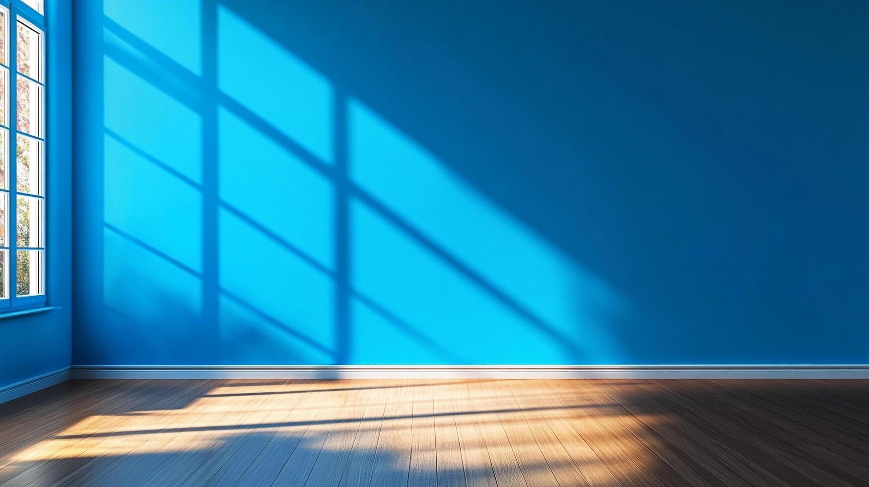 Bright sunlight streams through a window, casting geometric shadows on a blue wall. A hardwood floor completes the serene interior scene. photo