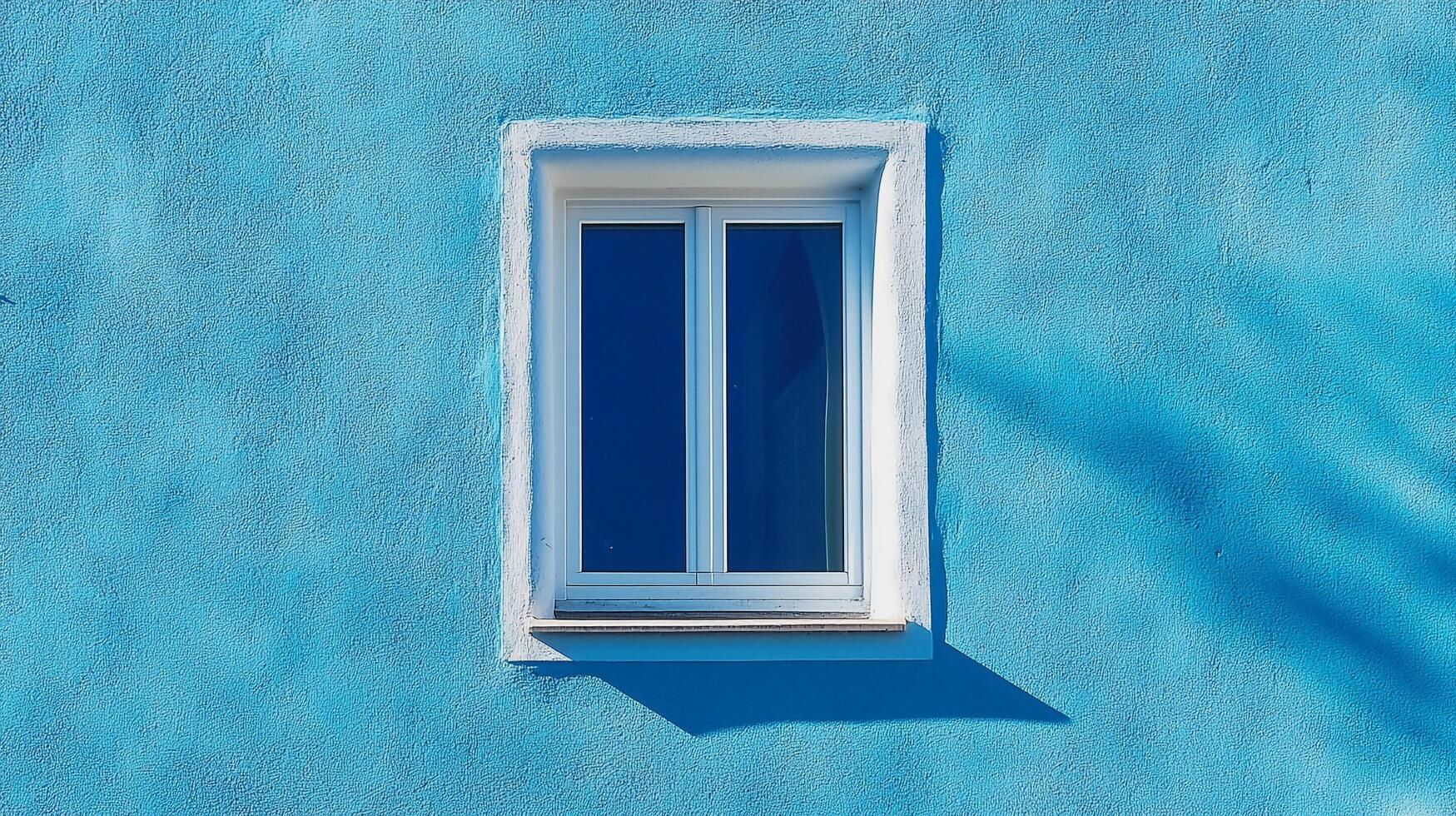 A white window on a blue wall contrasts with the textures and light, making for a peaceful aesthetic in this architectural snapshot. photo