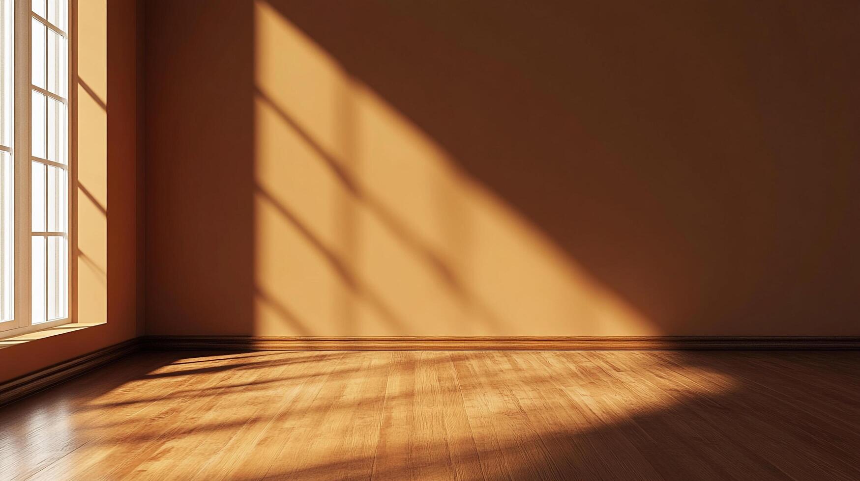 Sunlight streams through a window, casting shadows across the walls and hardwood floors of an otherwise empty room. Minimalist backdrop. photo