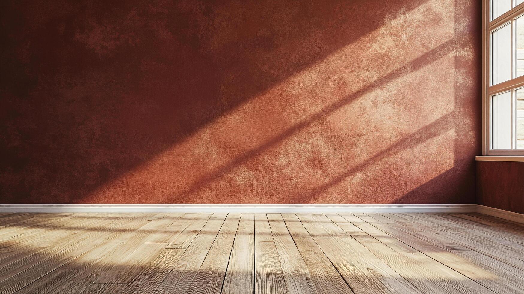 Sunlit interior with rustic charm. A textured terracotta wall and light wood floors create a warm, inviting atmosphere. Simple, elegant room. photo