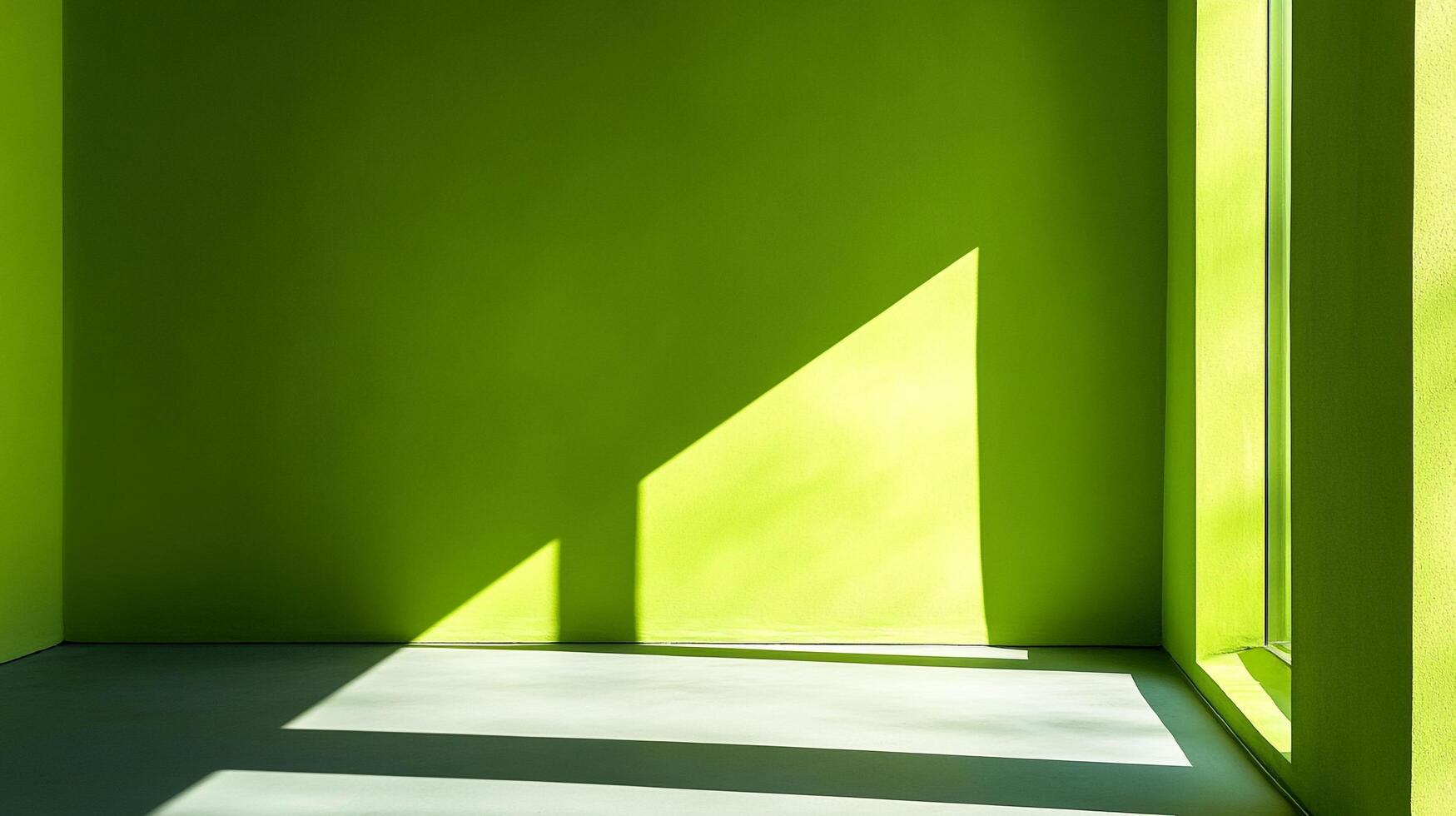 A vibrant room featuring shades of green, and a patch of sunlight cast from the window. The composition creates a sense of modern minimalism. photo