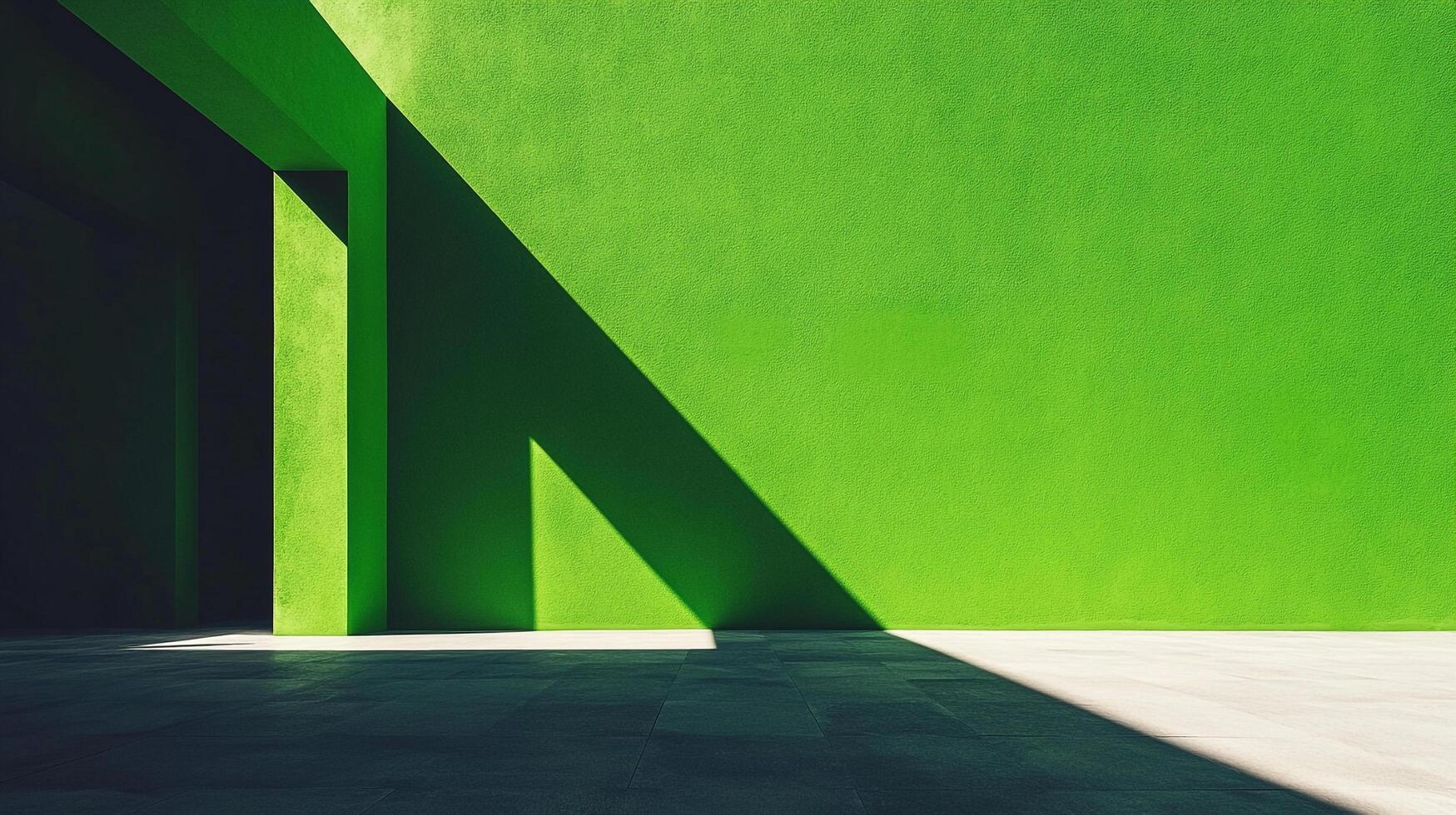 Abstract green wall architecture with dynamic sunlight casting angular shadows, creating a modern and visually engaging composition. photo