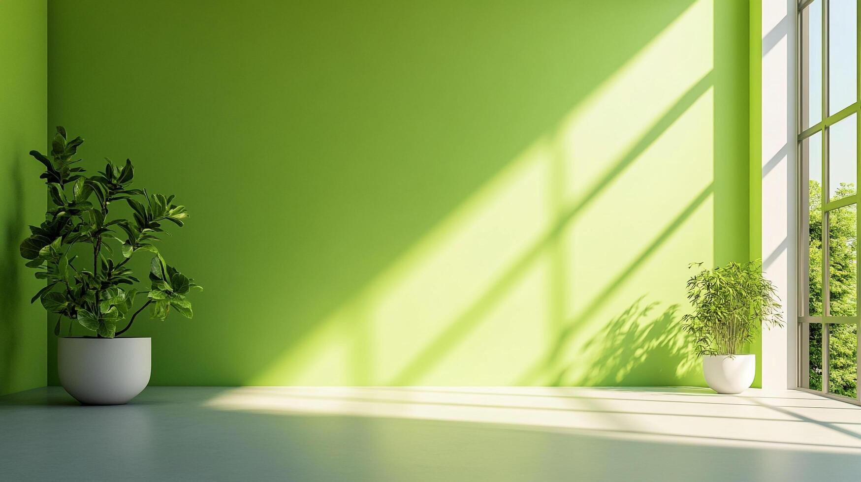 Light streams into a vibrant green room, illuminating two potted plants and creating a serene and inviting atmosphere for indoor relaxation. photo