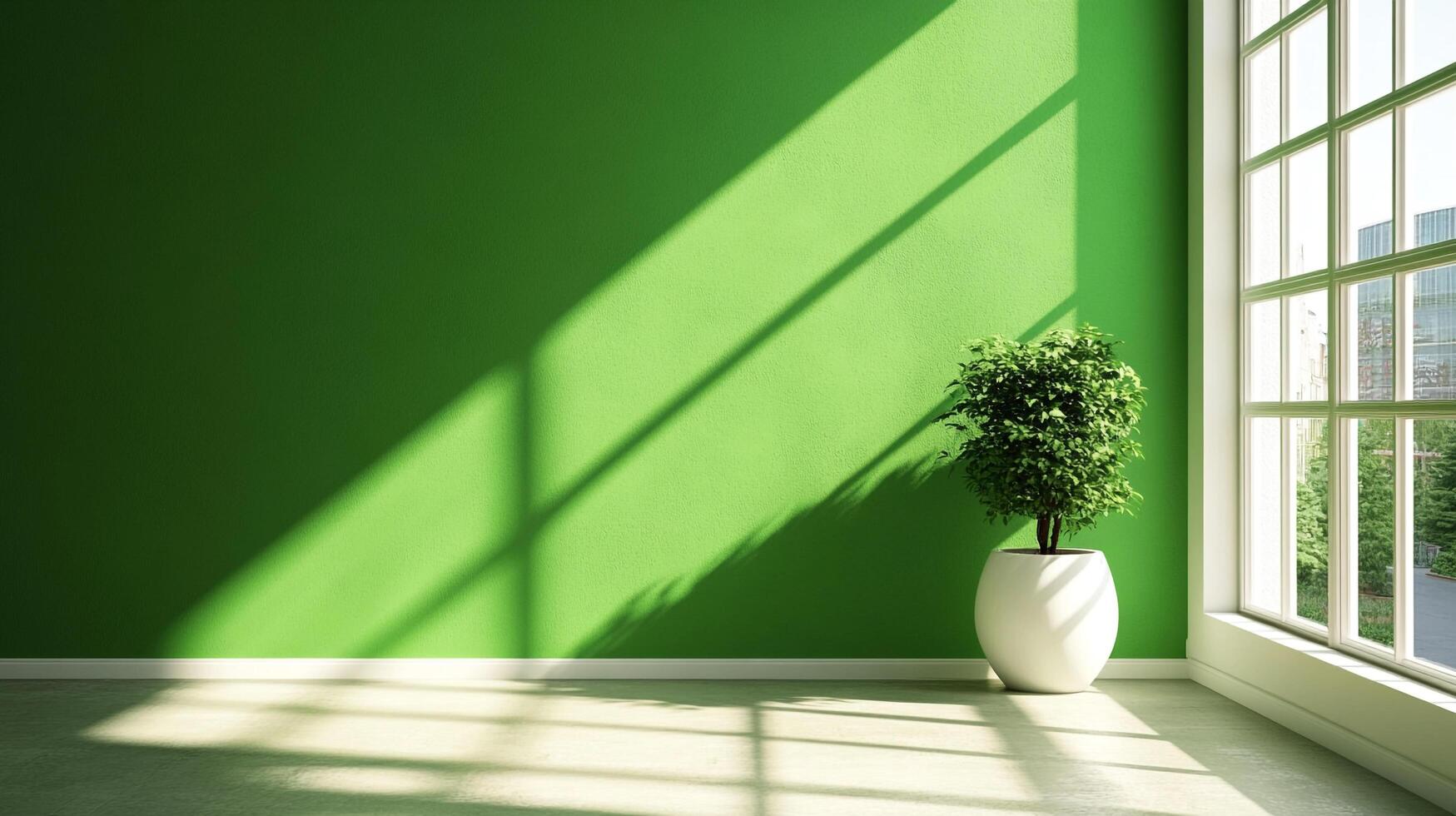 Bright green wall interior with a large window casting sunlight and illuminating a potted plant, creating a serene and minimalist aesthetic. photo