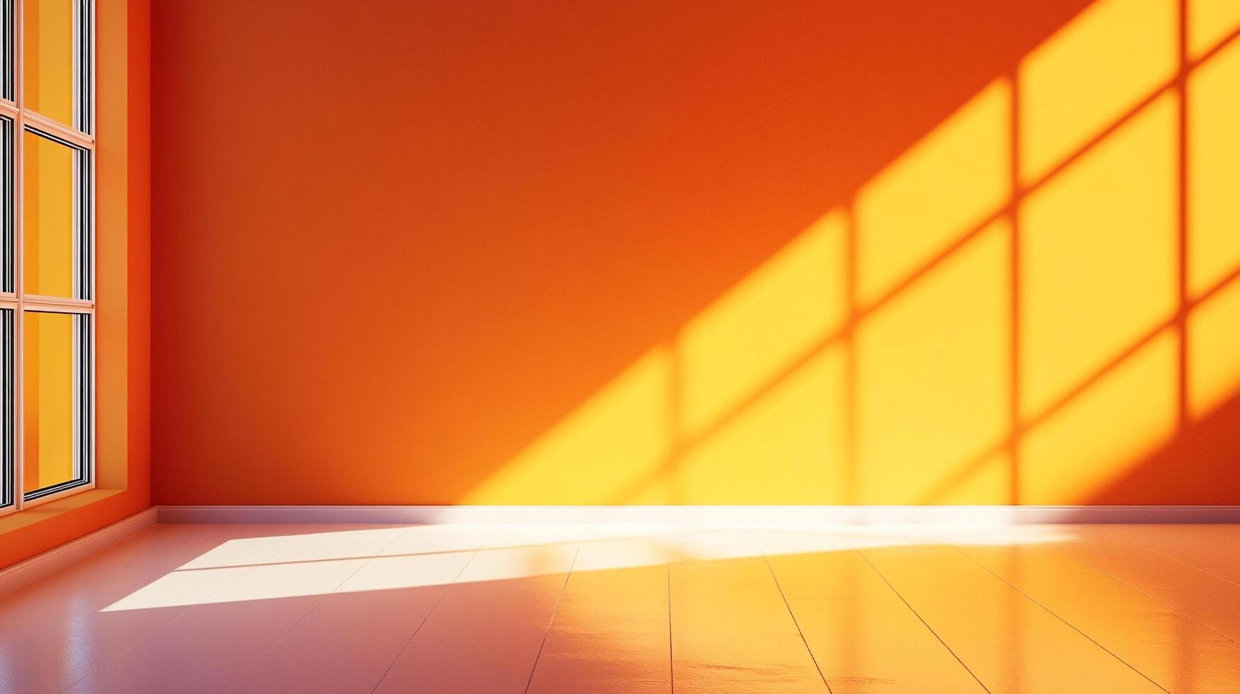 Sunlight streaming through a window illuminates the vibrant orange wall and floor, creating a warm and inviting atmosphere. photo