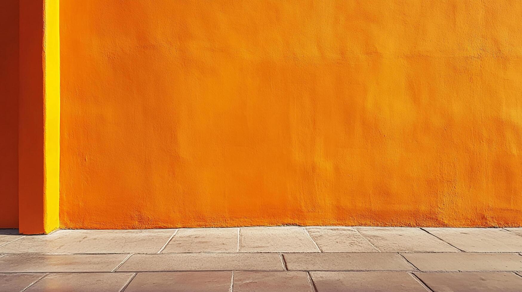A vibrant orange wall meets a tiled stone floor, bathed in sunlight, creating a striking contrast and warm, inviting atmosphere. photo
