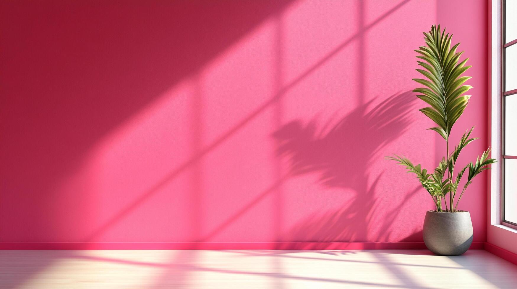 Indoor plant against a pink wall with bright sunlight and shadow casting from window. Simplicity and peacefulness in home interior. photo