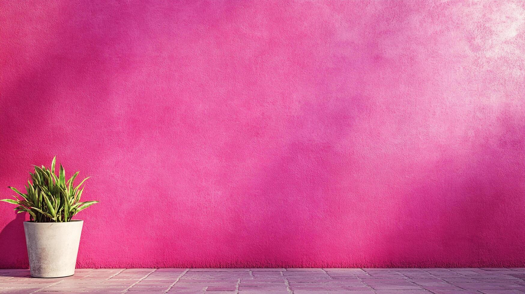 Vibrant magenta backdrop with a potted plant on a brick surface, creating a lively and modern aesthetic. Interior decor. photo