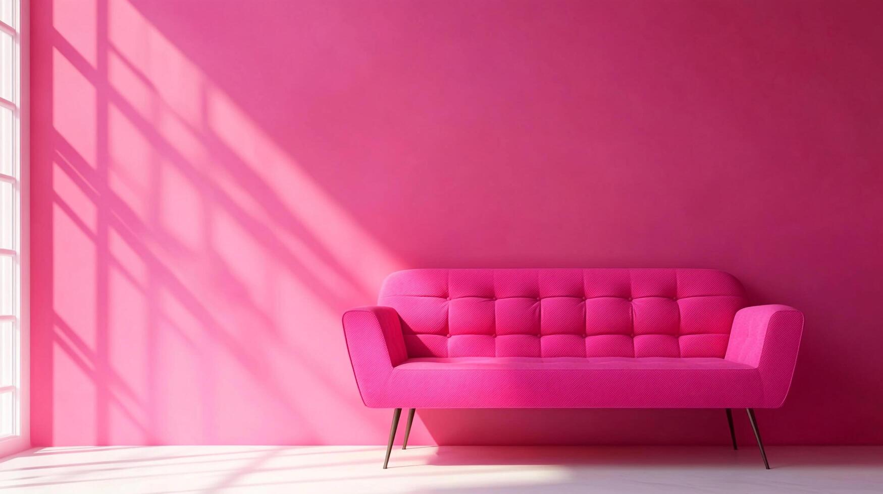 Vibrant pink sofa against a matching wall, bathed in sunlight from the nearby window casting dynamic shadows. Interior design. photo