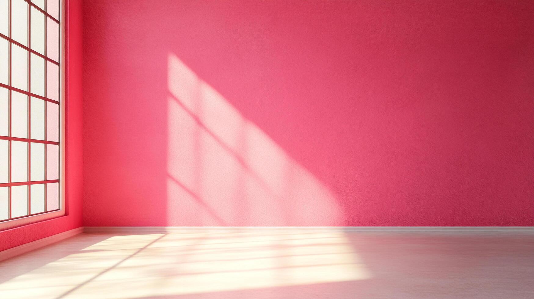 Sunlit room with pink walls, white floor, and large window, creating a bright and inviting space with a modern aesthetic. photo