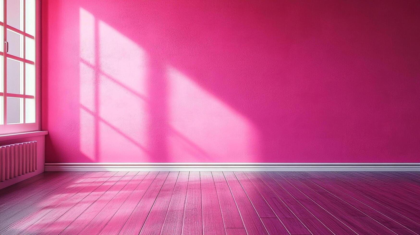Interior design showcasing a vibrant pink room, sunlight streaming through window casting shadows on wall. Modern, clean lines accentuate space. photo