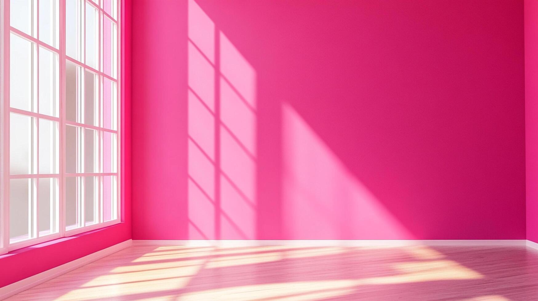Bright pink room with white trim, large window, and wood floor, bathed in sunlight, creating a striking and vibrant interior space. photo