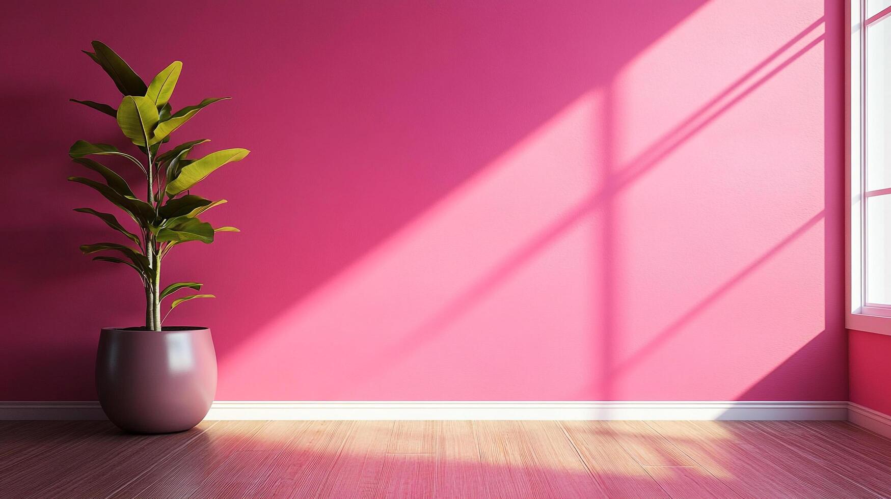 A vibrant indoor scene featuring a lush green plant in a pot against a vivid pink wall illuminated by sunlight, creating a calming atmosphere. photo