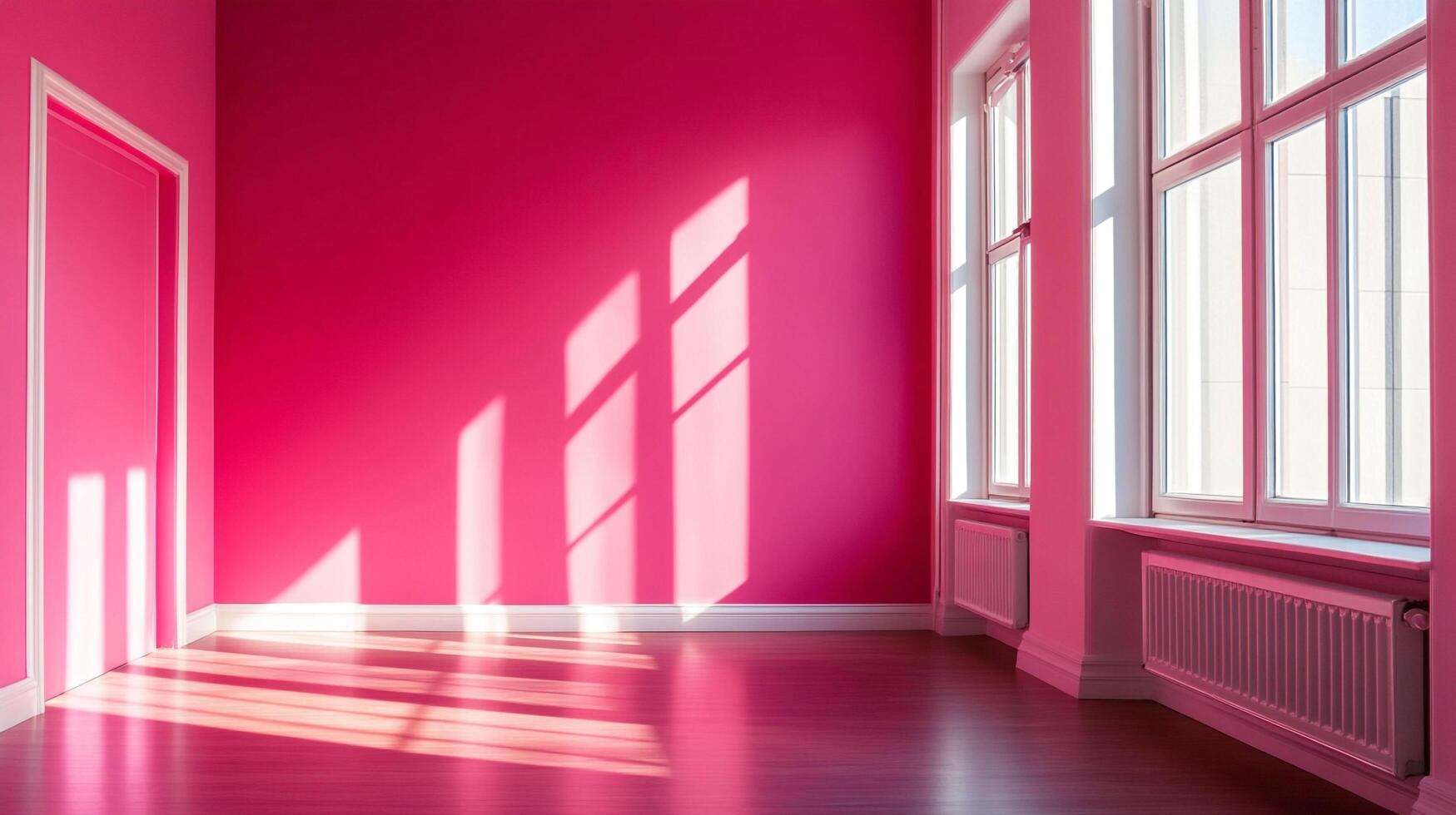 Vibrant interior design with natural light casting shadows on a hot pink wall, creating an inviting and energetic atmosphere. Modern and Minimalist photo